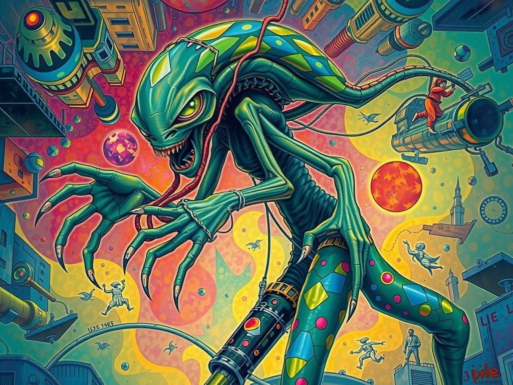 Alien in a Psychedelic Cityscape with Slanted Eyes
