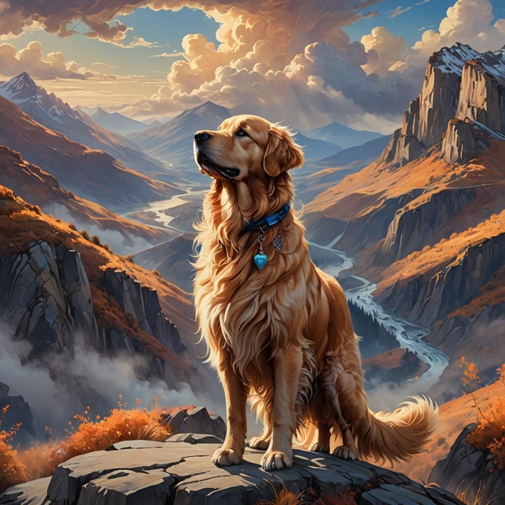 Giant Golden Retriever Overlooks Mystical Valley