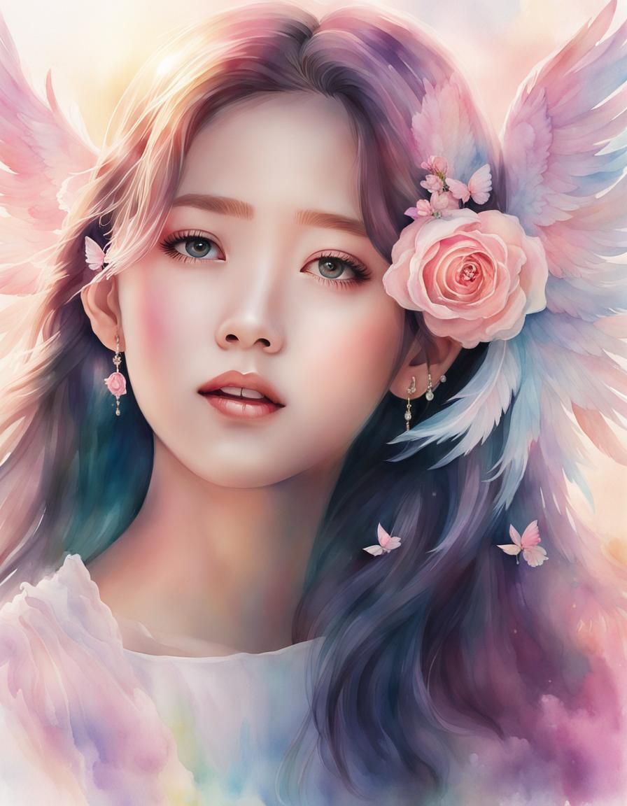 Blackpink Angelic Watercolor Portrait with Ethereal Wings