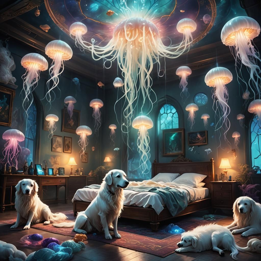 Dogs Under Bioluminescent Jellyfish in Dreamlike Room