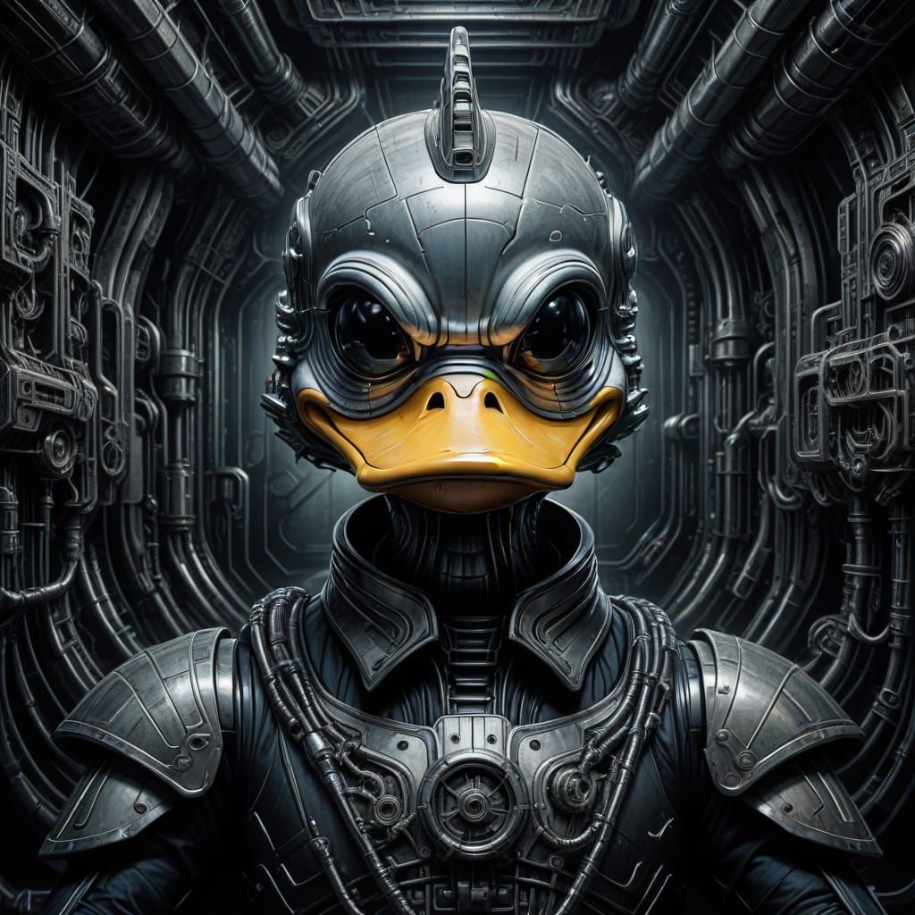 Donald Duck in H.R. Giger-Inspired Futuristic Scene