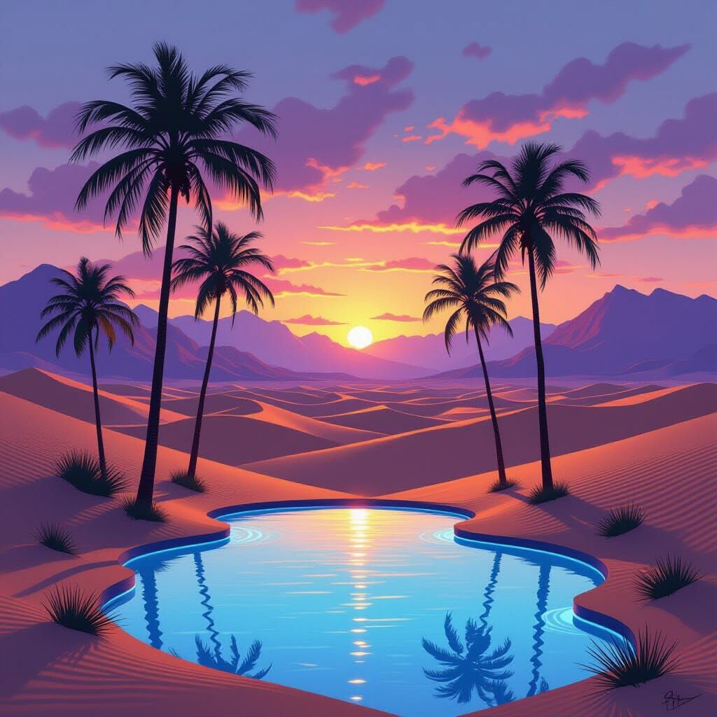 Bioluminescent Oasis at Dusk with Star Reflections