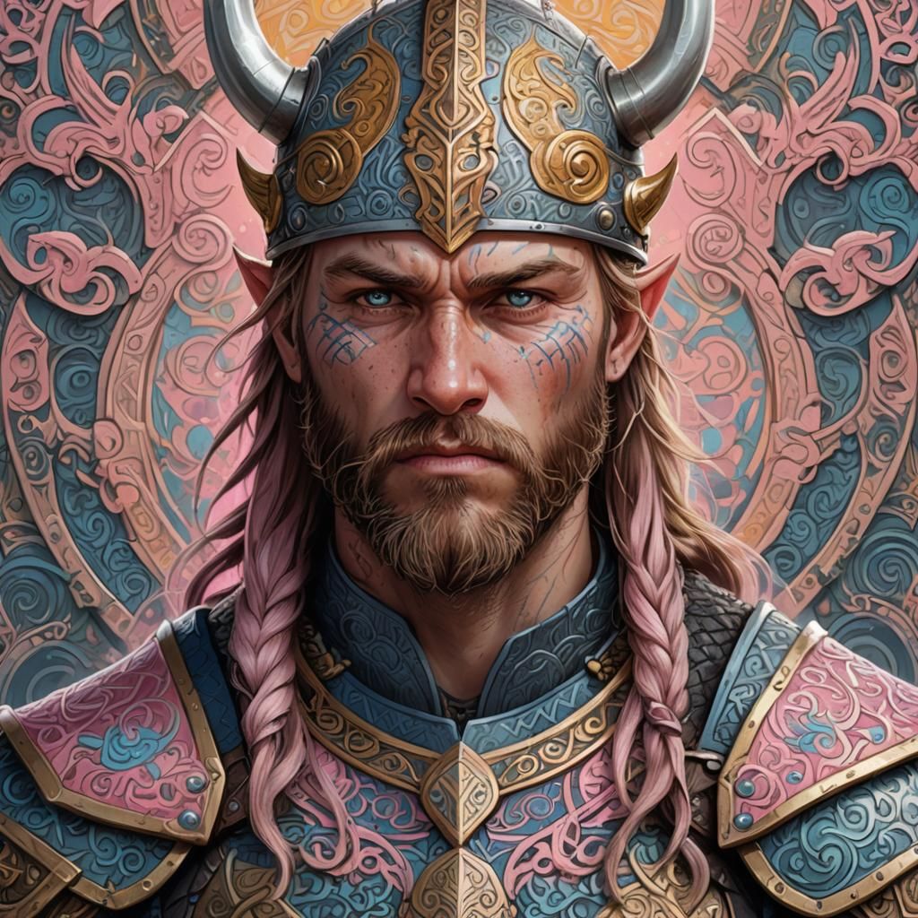 Viking Warrior with Pink Tattoos in Art Nouveau Style
