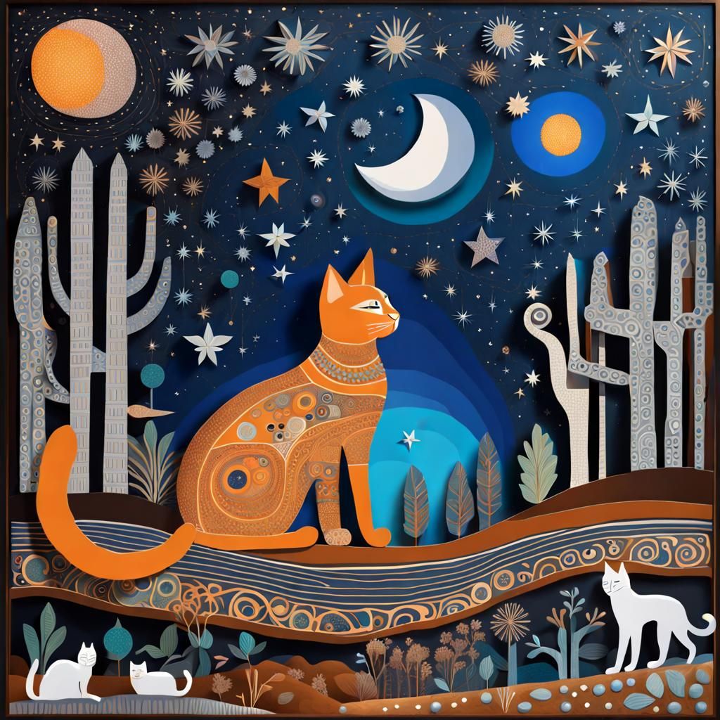 Whimsical Cat Stargazing: Intricate 3D Artwork