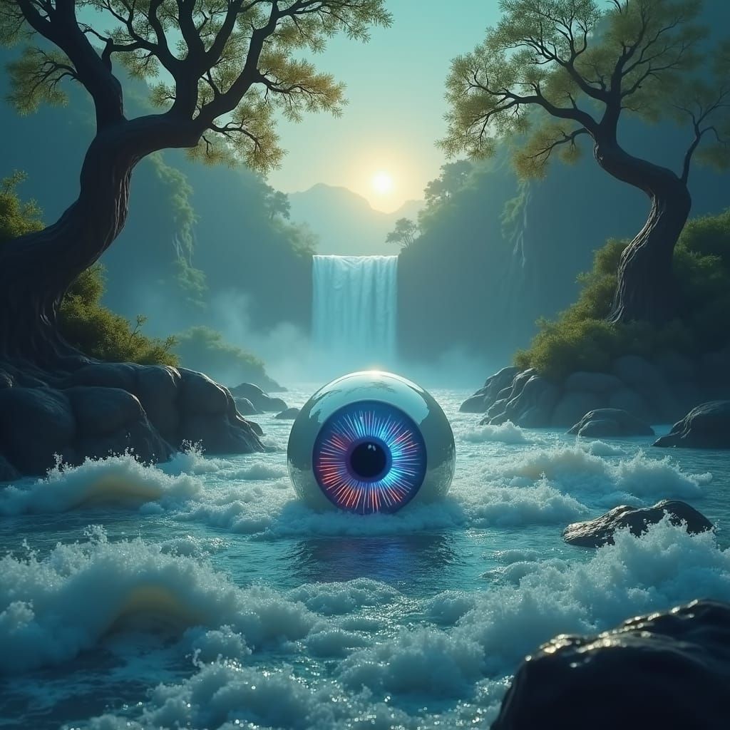 Glowing Eyeball Weeping in Turbulent River