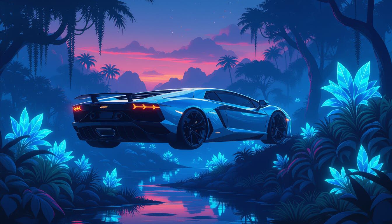 Futuristic Lamborghini Over Alien Jungle