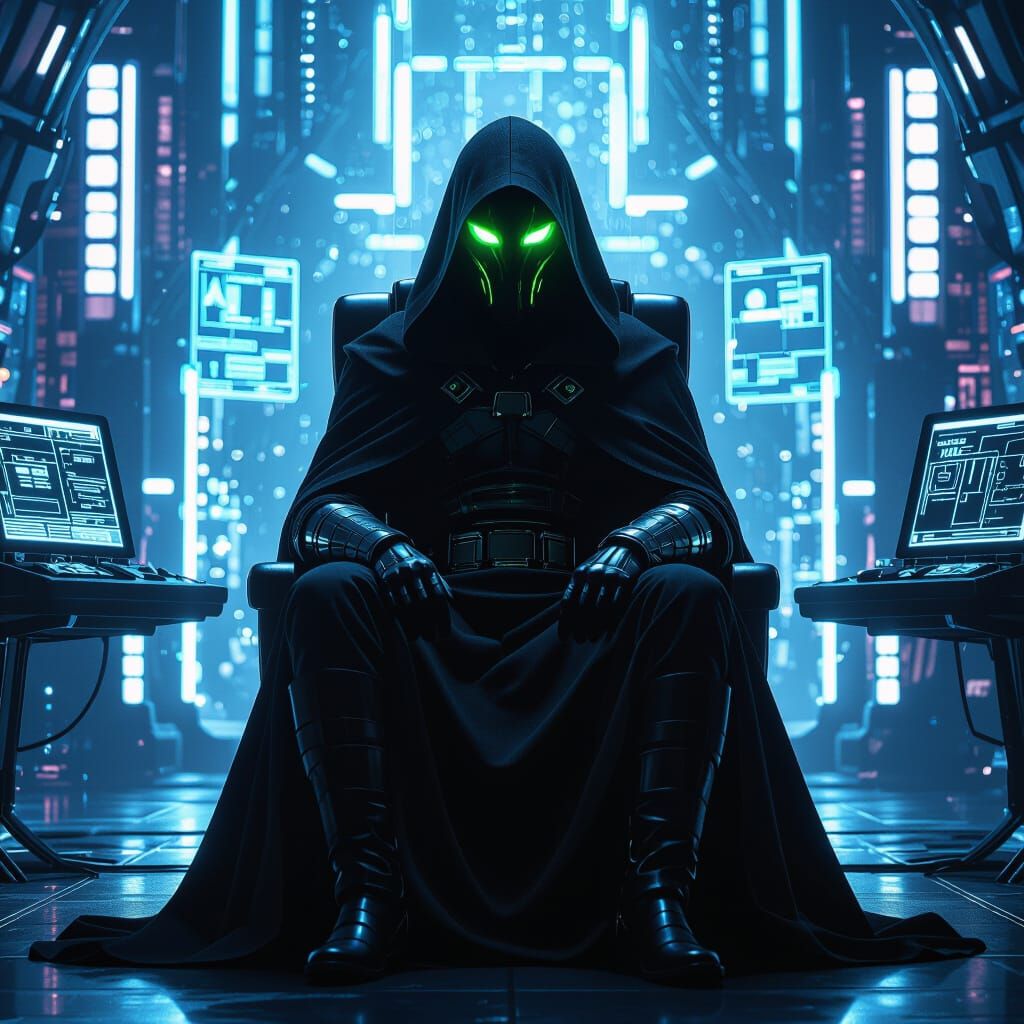 A shadowy evil mastermind with radioactive eyes is sitting in a glowing lair, plotting their next big move.