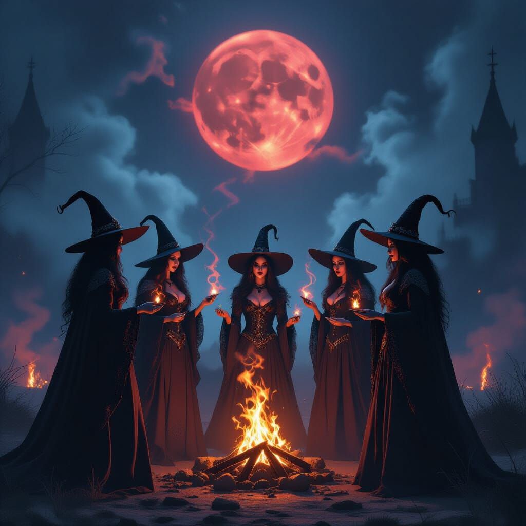 Witches in Masquerade Masks Casting Spells Under Blood Moon