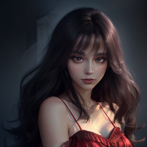 Ethereal Woman in Flowing Red Dress