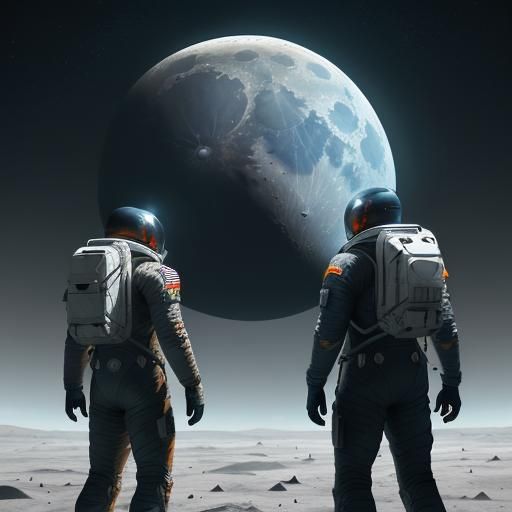 Astronauts on a Glowing Moon in Sci-Fi Style