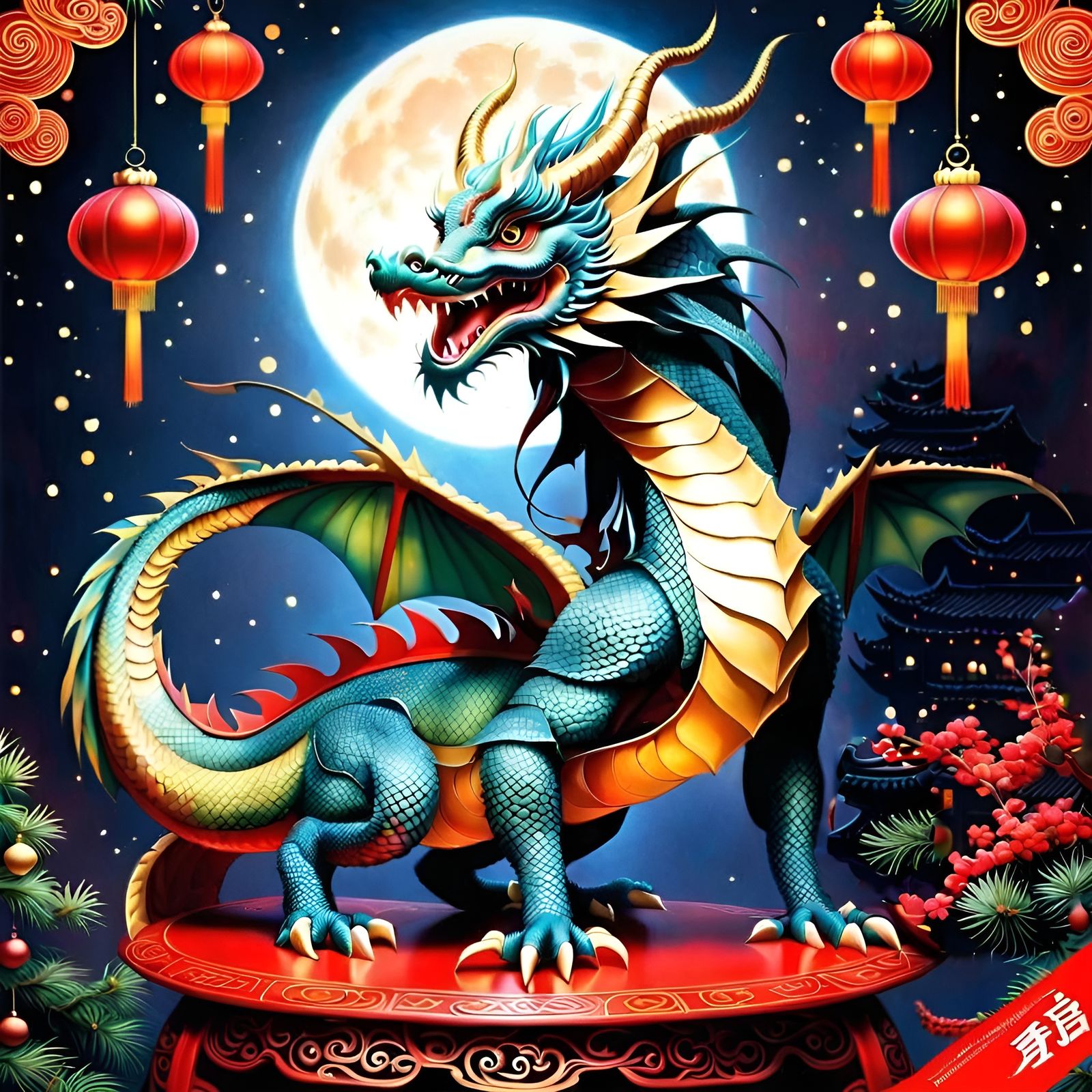 Festive Chinese Dragon Puppet in Winter Landscape