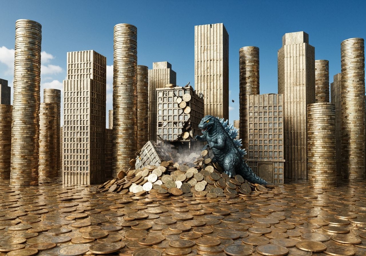 Chibi Godzilla Attacks City Made of Coins