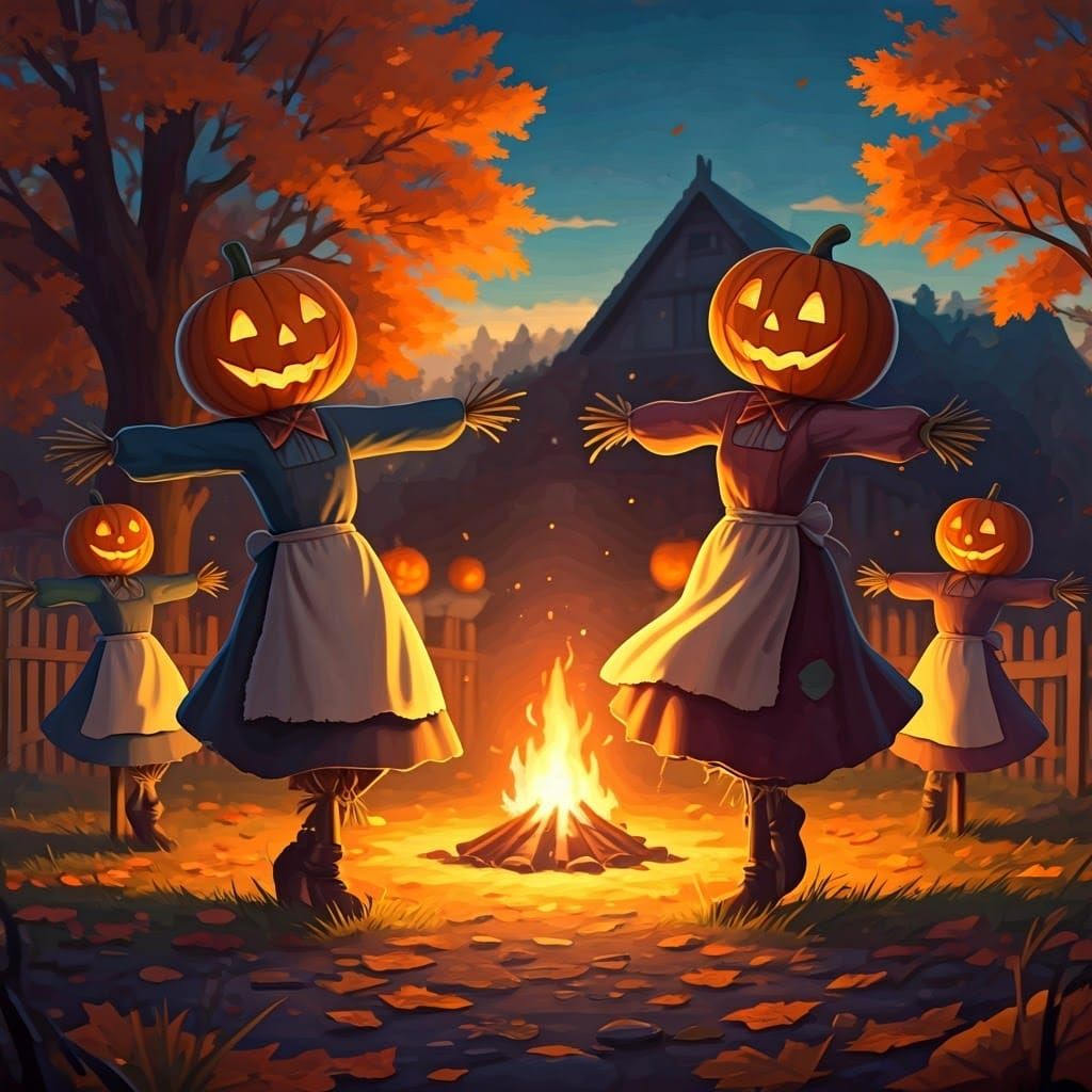 Autumnal Scarecrows Dance in Ghibli Anime Style