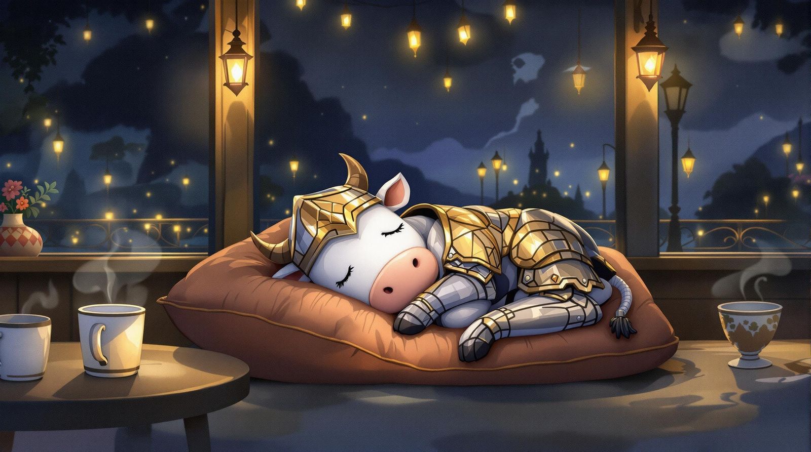 Sleeping Knight Calf in a Cozy Cafe Scene