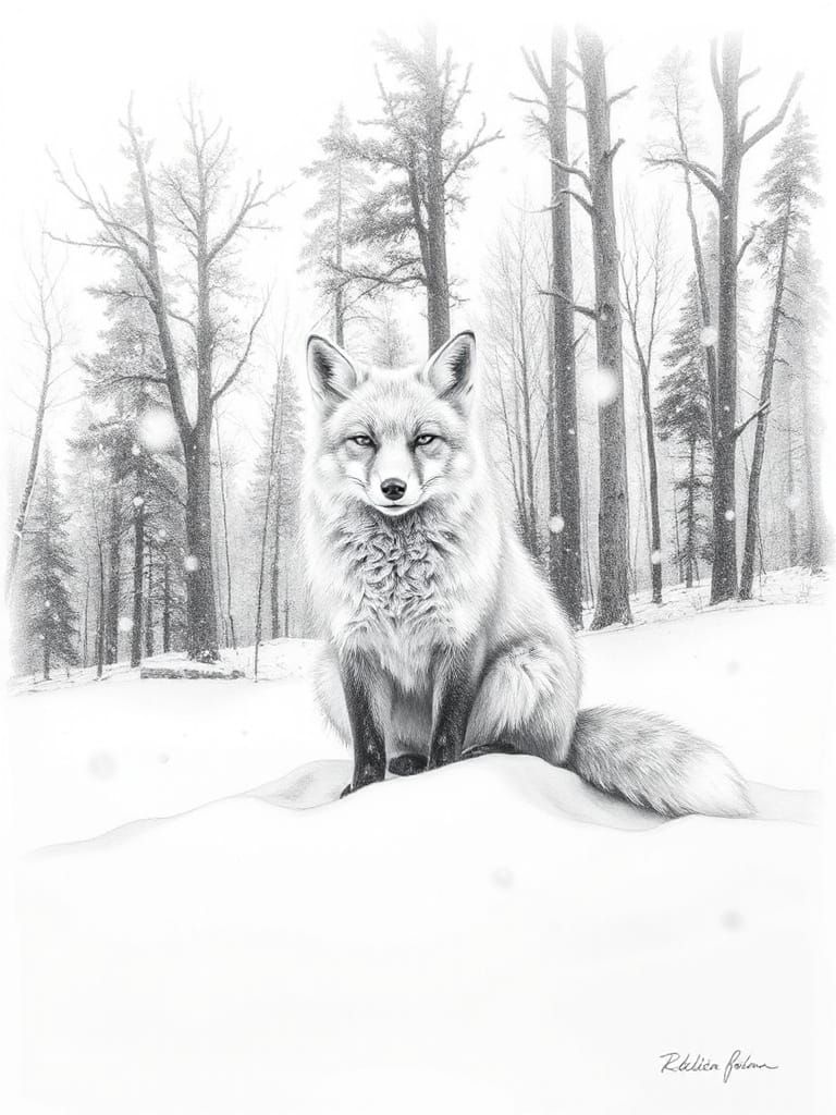 Fox in Snowy Forest Clearing Pencil Sketch
