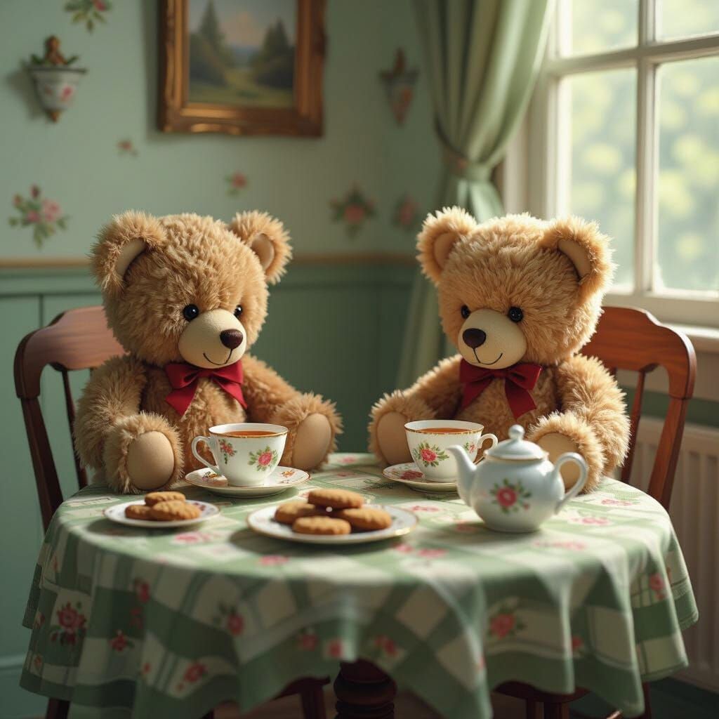 Teddy Bears Enjoy Tea in Forest-Inspired Room