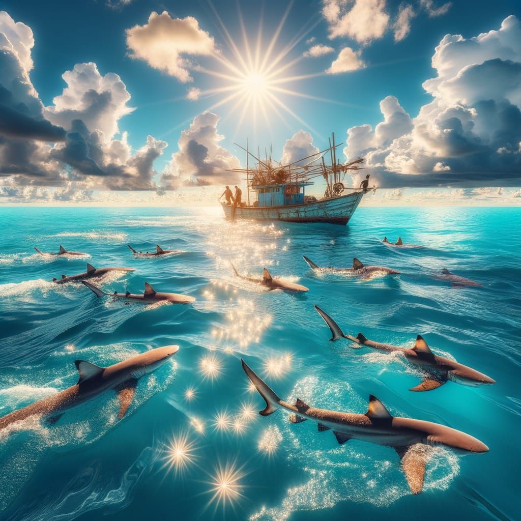 Sharks Swimming Beside Fishing Boat on Sunny Day