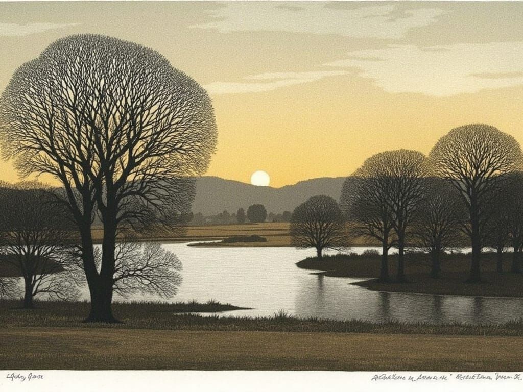 Peaceful Landscape at Dusk with Lake and Ancient Oaks