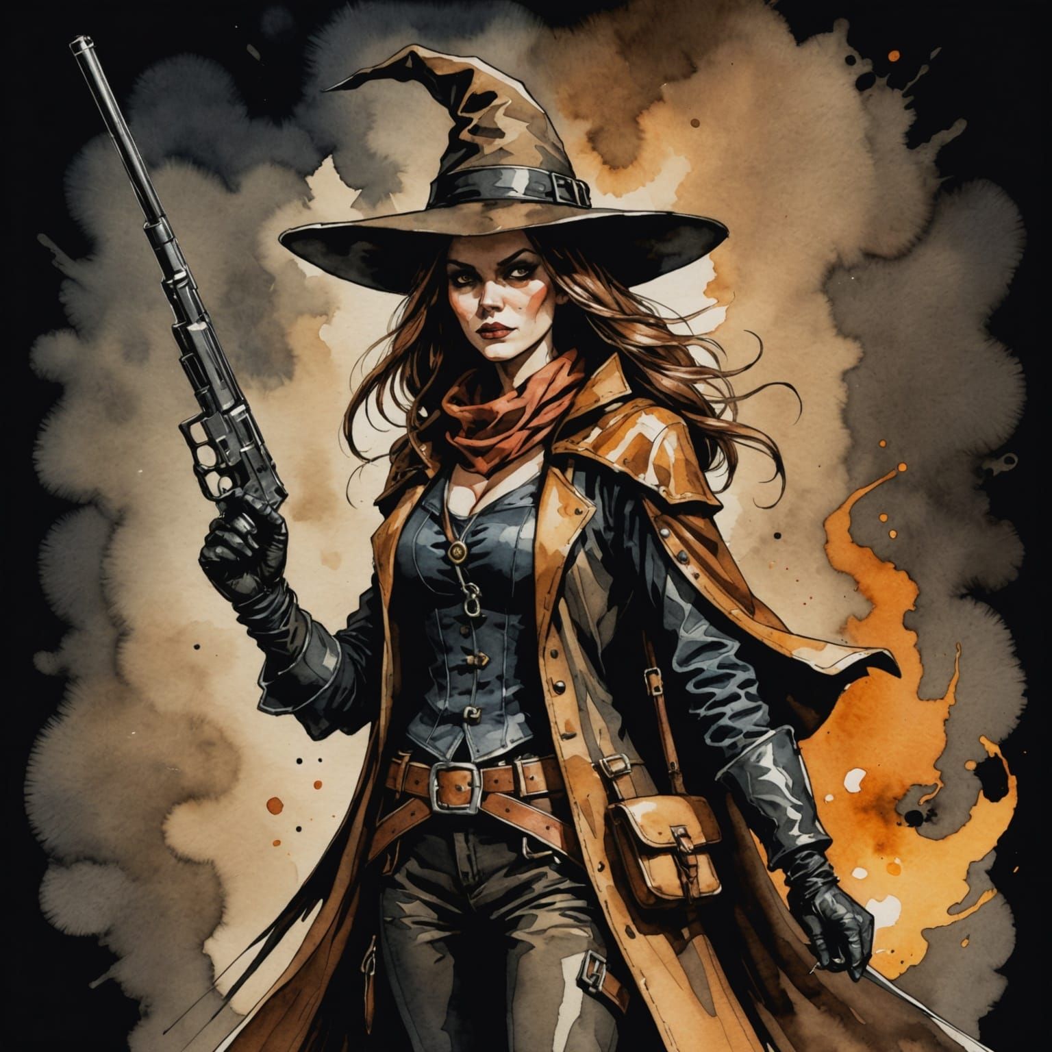 Exquisite Watercolour Witch Hunter in a Whimsical Hat