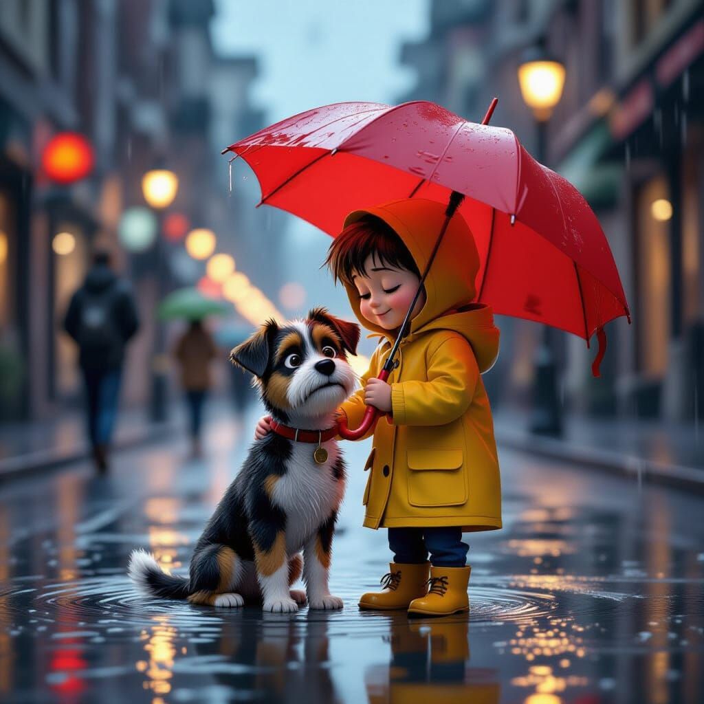 Child Rescues Dog from Puddle in Pixar Style