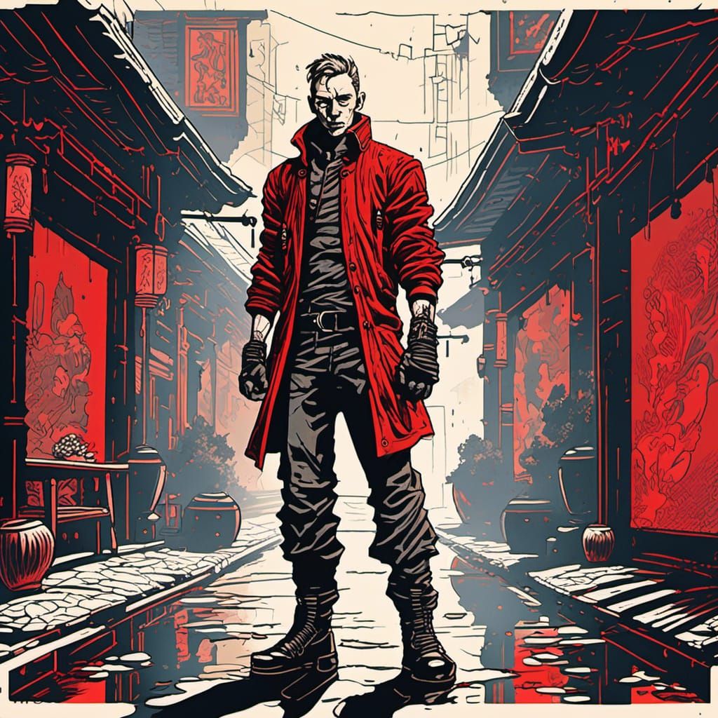 Martial Artist in Linocut Style with Red Shadows