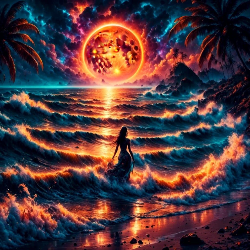 Mystical Ocean at Night with Iridescent Moon