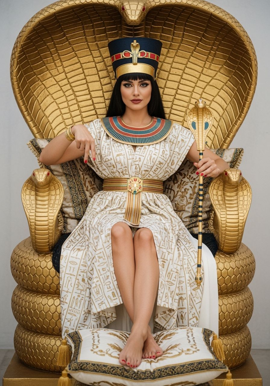 Egyptian Queen on Golden Cobra Throne, Photorealistic Style