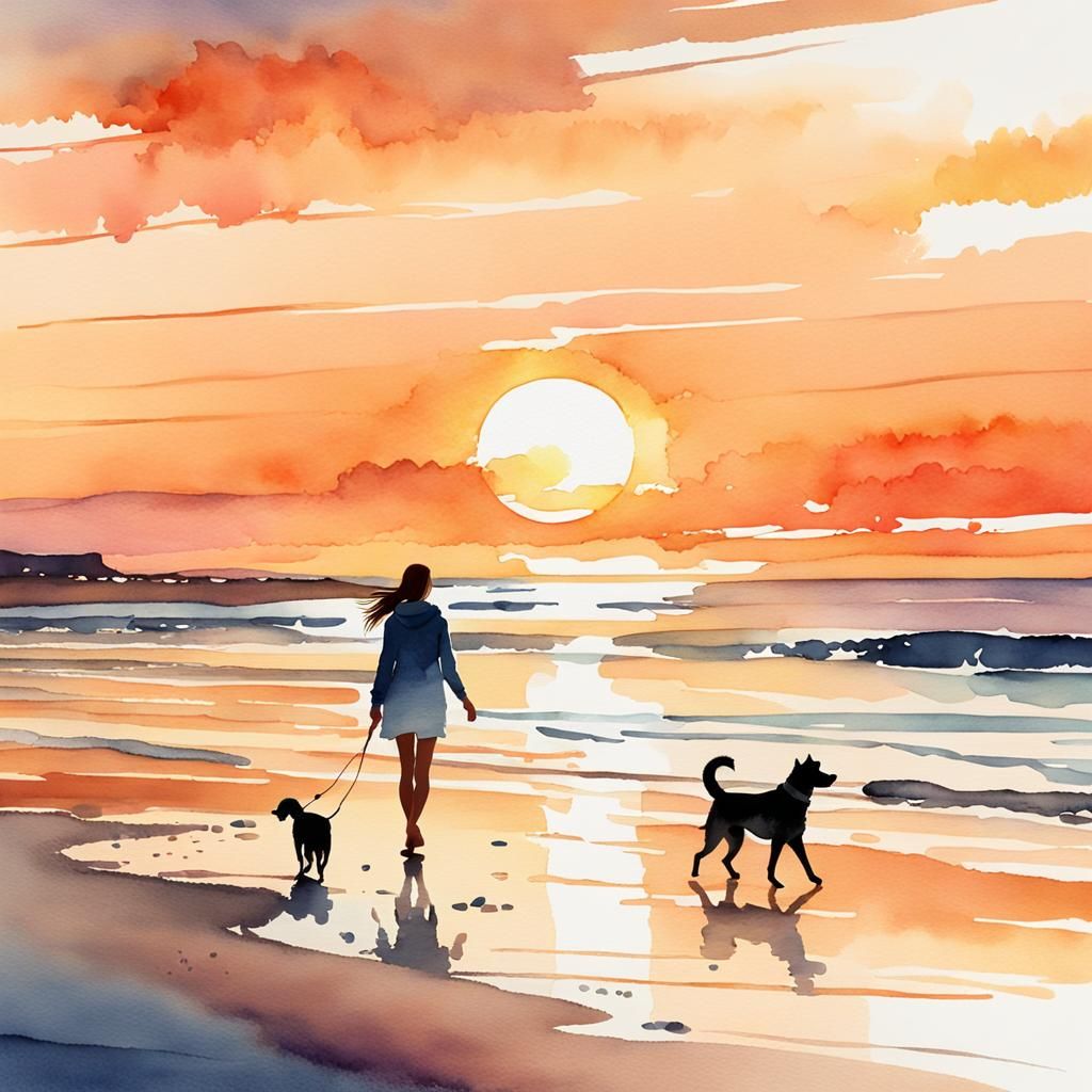 Girl and Dog on Beach: Watercolor Painting
