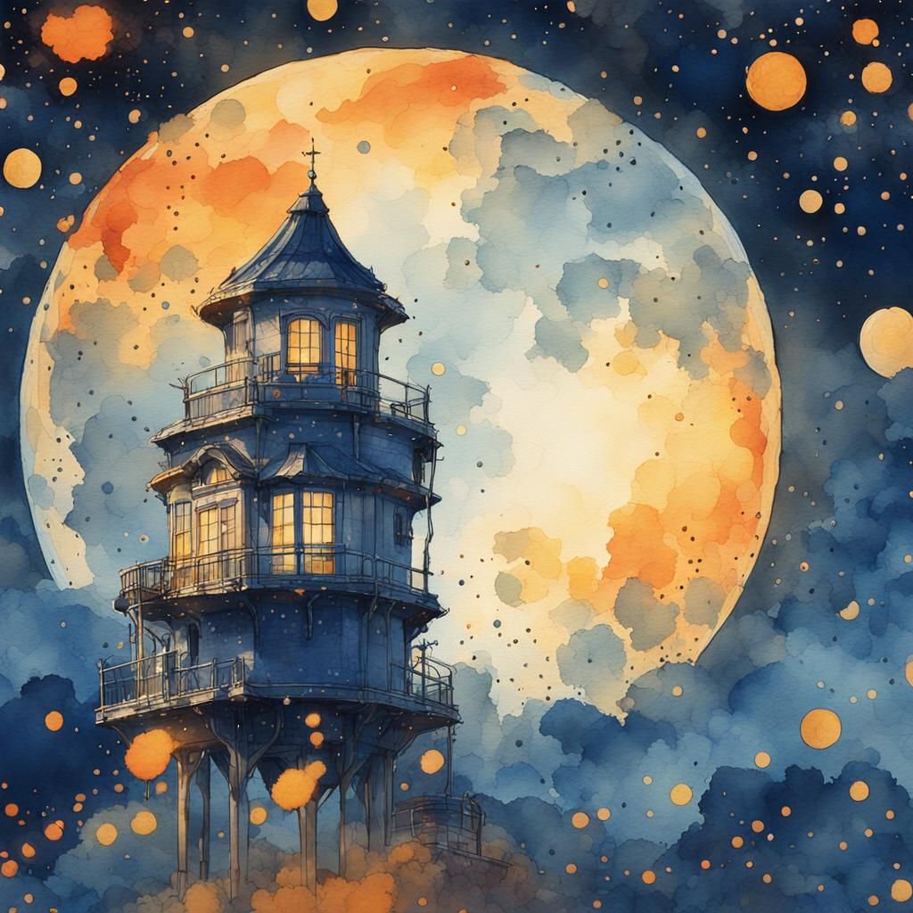 Watercolor Moon Through Telescope, Miyazaki Style