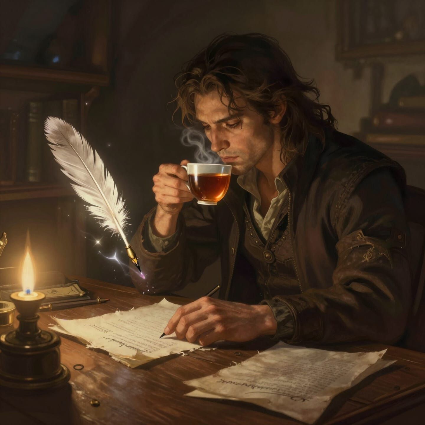 Writer Conjuring Magic Ink with Levitation Quill