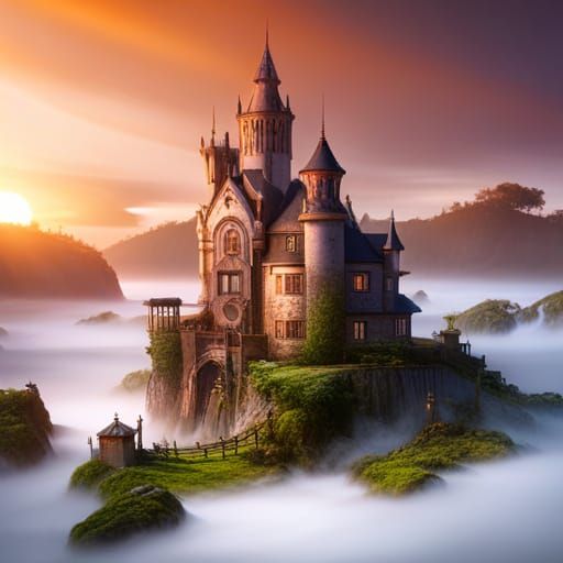 Enchanted Castle at Sunset in Fairytale Style