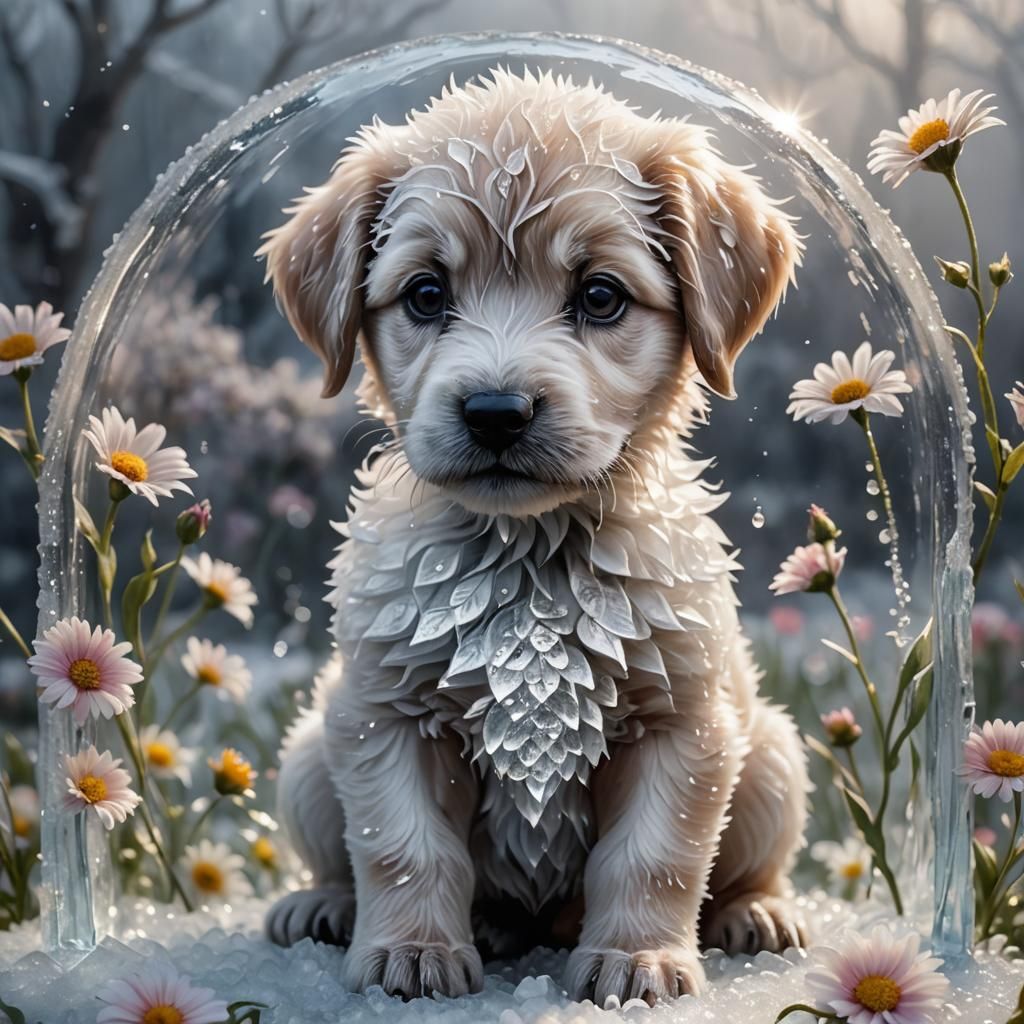 Frozen Glass Puppy with Flowers: Hyperrealistic AI Art