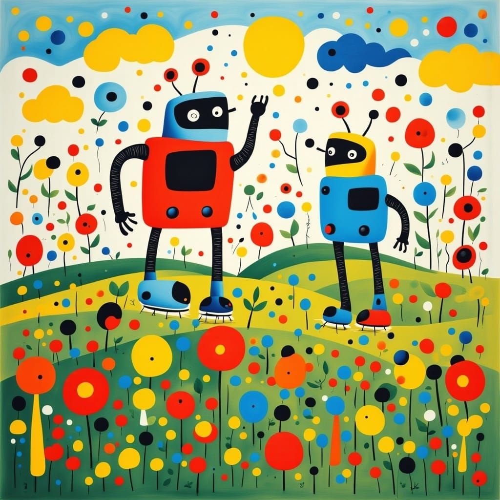 Cute Robots in Flower Garden, Miró Style