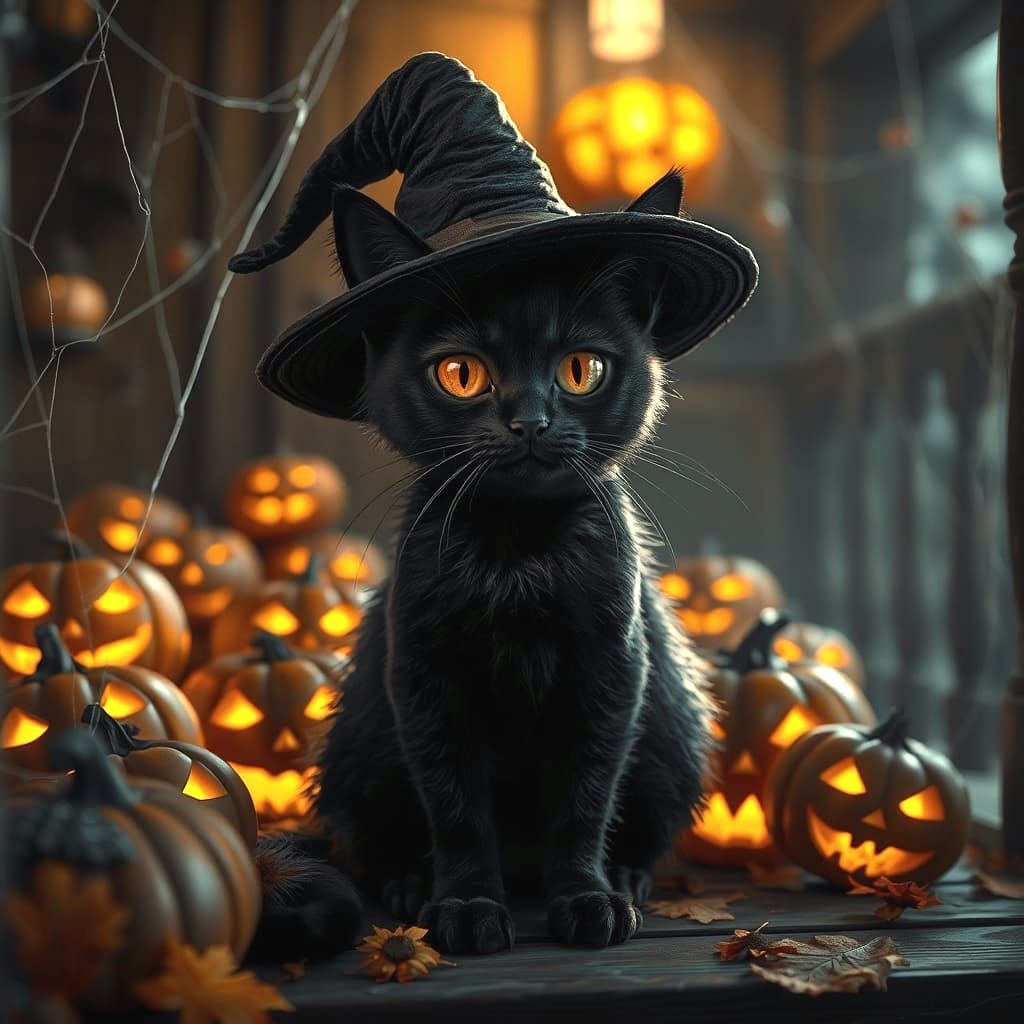 Whiskered Cat Reigns in Dark Fantasy Scene with Jack O Lante...