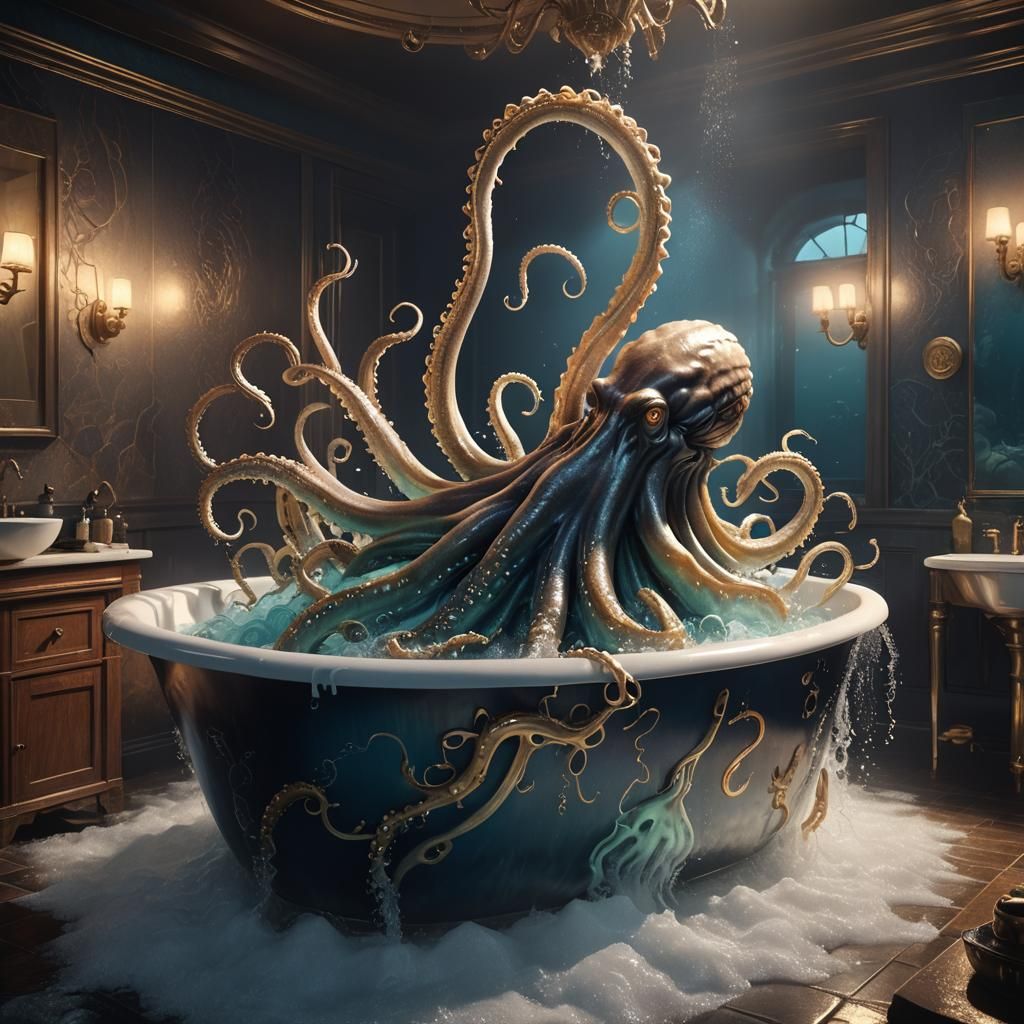 Mythical Sea Monster Emerges from Tub in Vibrant, Dreamlike...