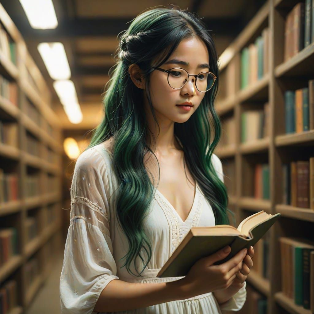Golden Light Reveals Woman in Library, Oil Painting