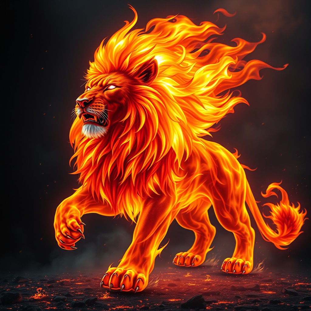 Majestic Flaming Lion Roaring with Fire