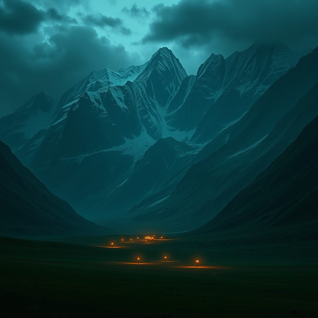 Epic Snowy Mountains Under Dark Skies, Digital Matte Paintin...