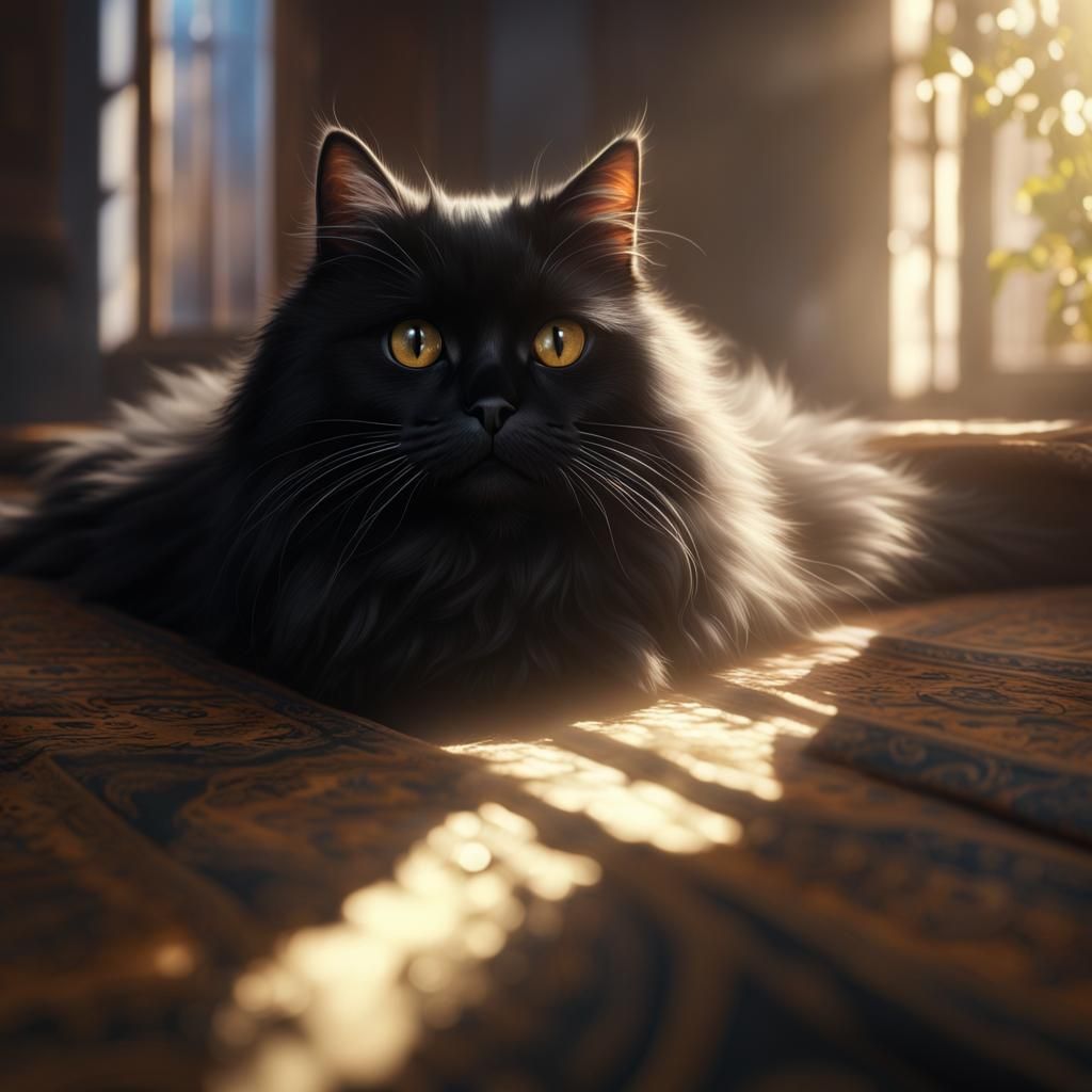 Black Persian Cat in Sunbeam: Detailed Matte Painting