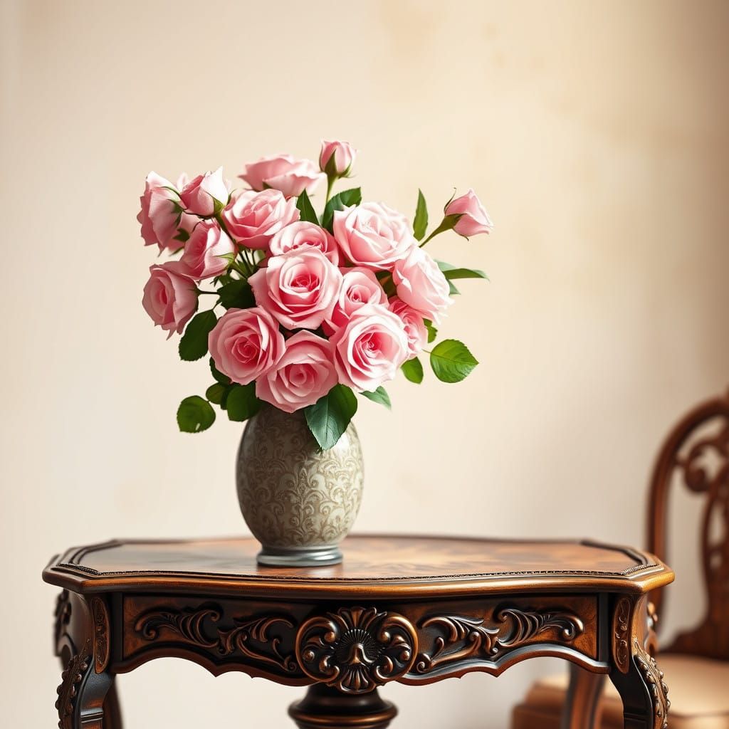 Glass Vase with Pink Roses in Whimsical Fine Art Style