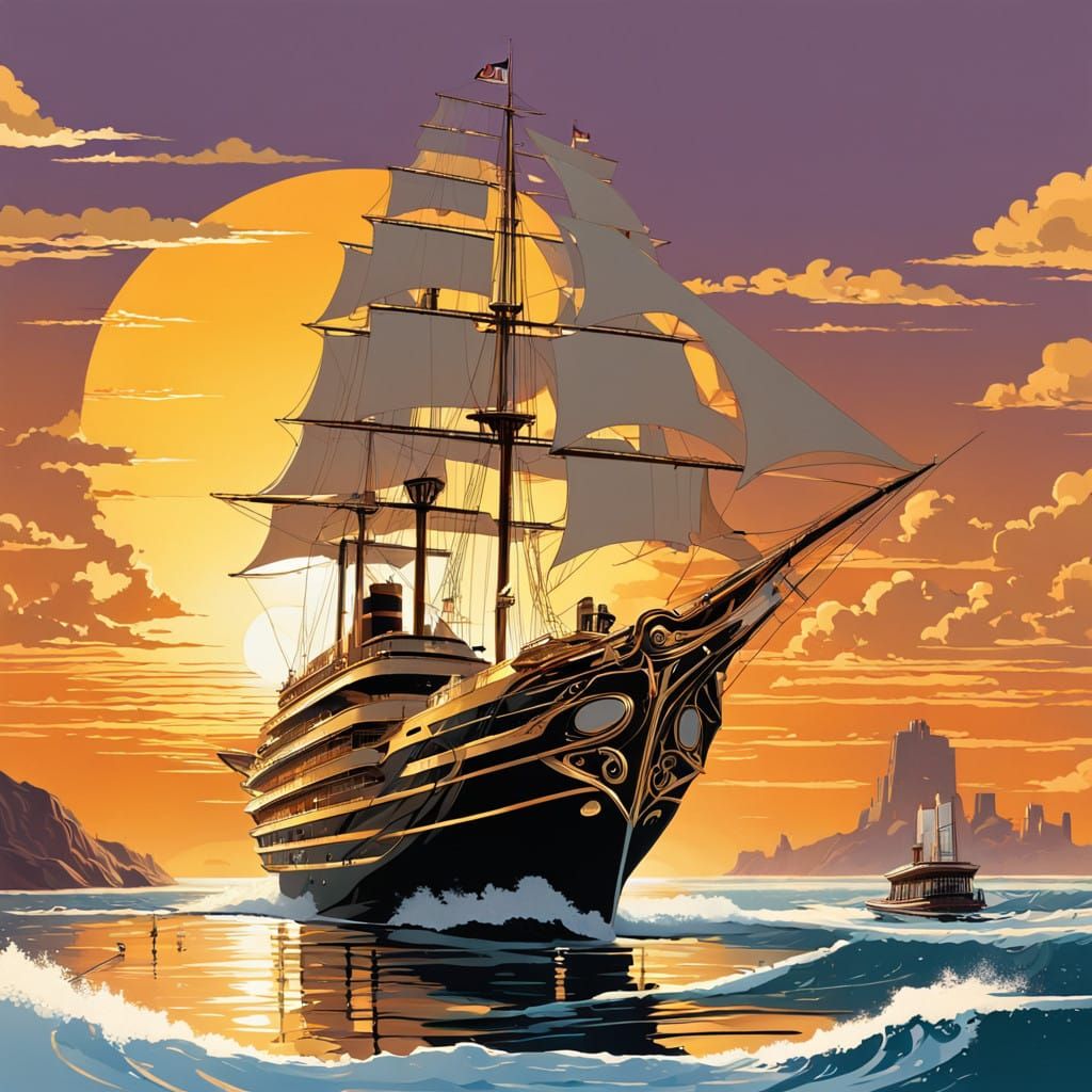 Glamorous Art Deco Pirate Ship in Golden Sunset