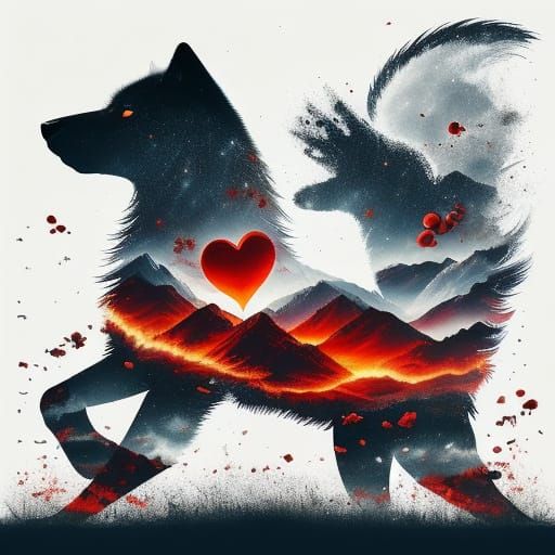 Red Hearts Double Exposure Over White Wolf Silhouette