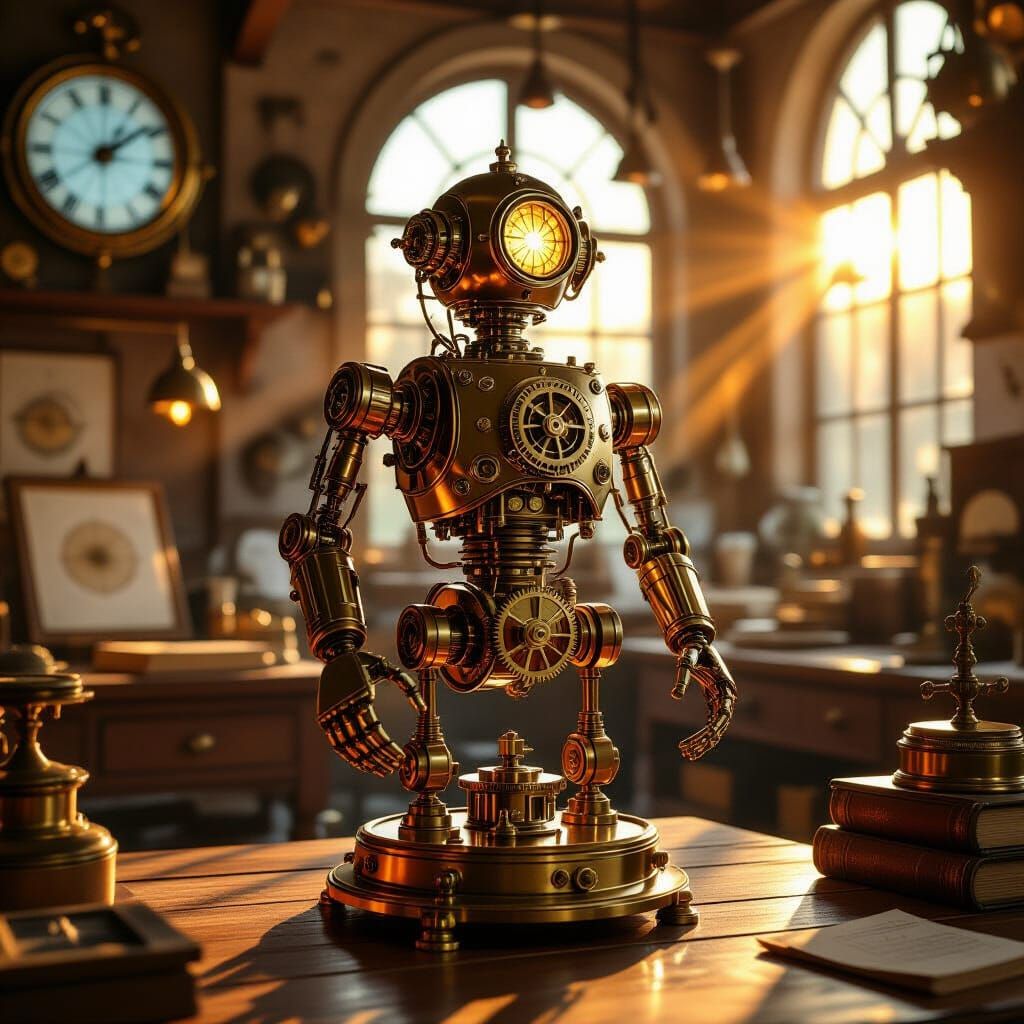 Intricate Brass Automaton in Sunlit Workshop