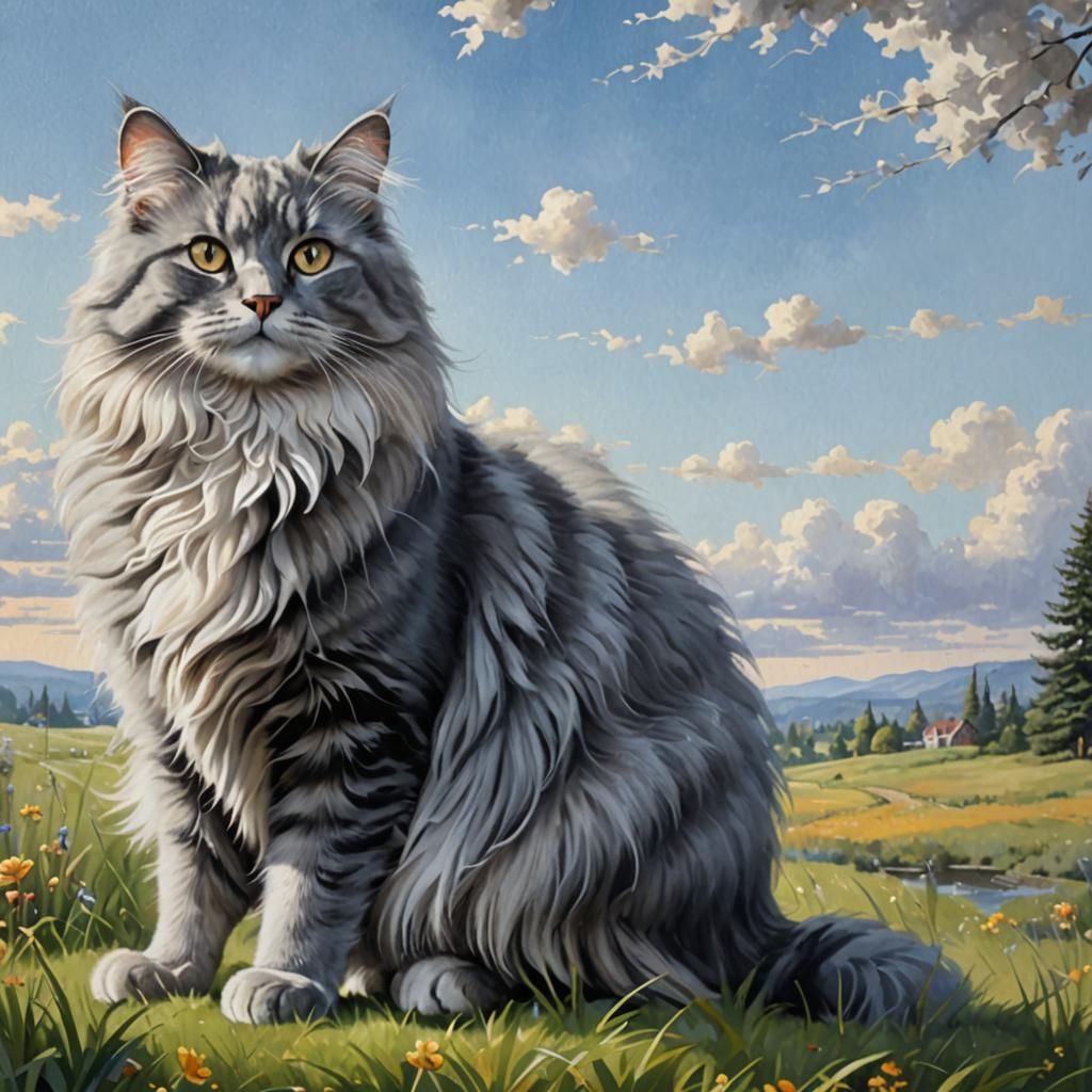 Grey Fluffy Cat in Gouache Impressionist Style