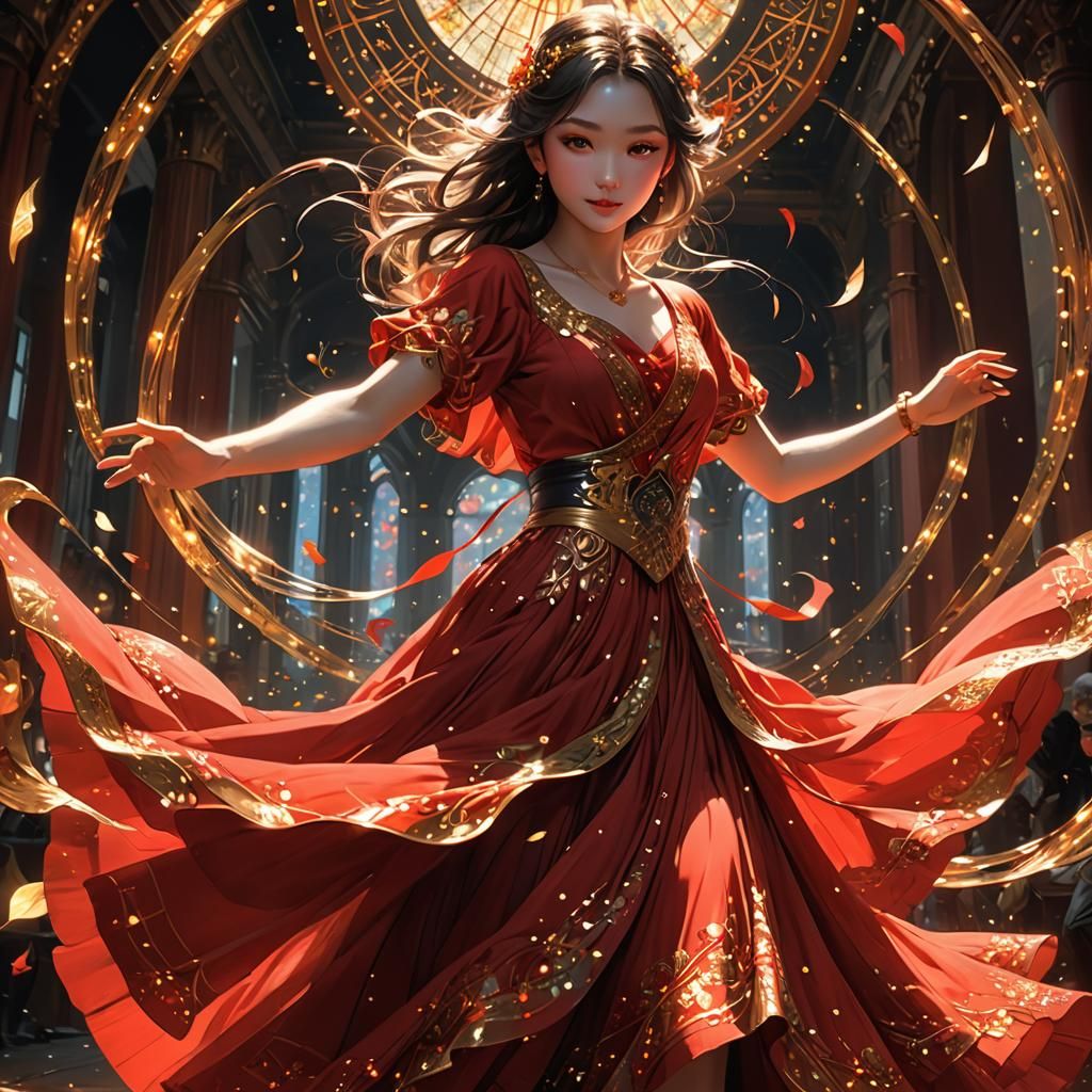 Anime Woman in Red Dress Dancing