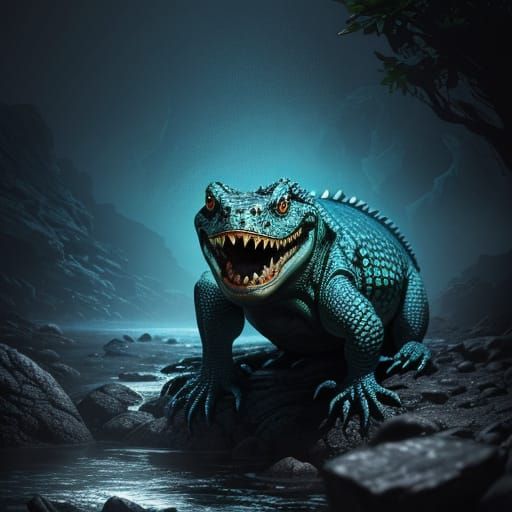 Surreal Riverbank Encounter in Hyperrealistic Splash Art