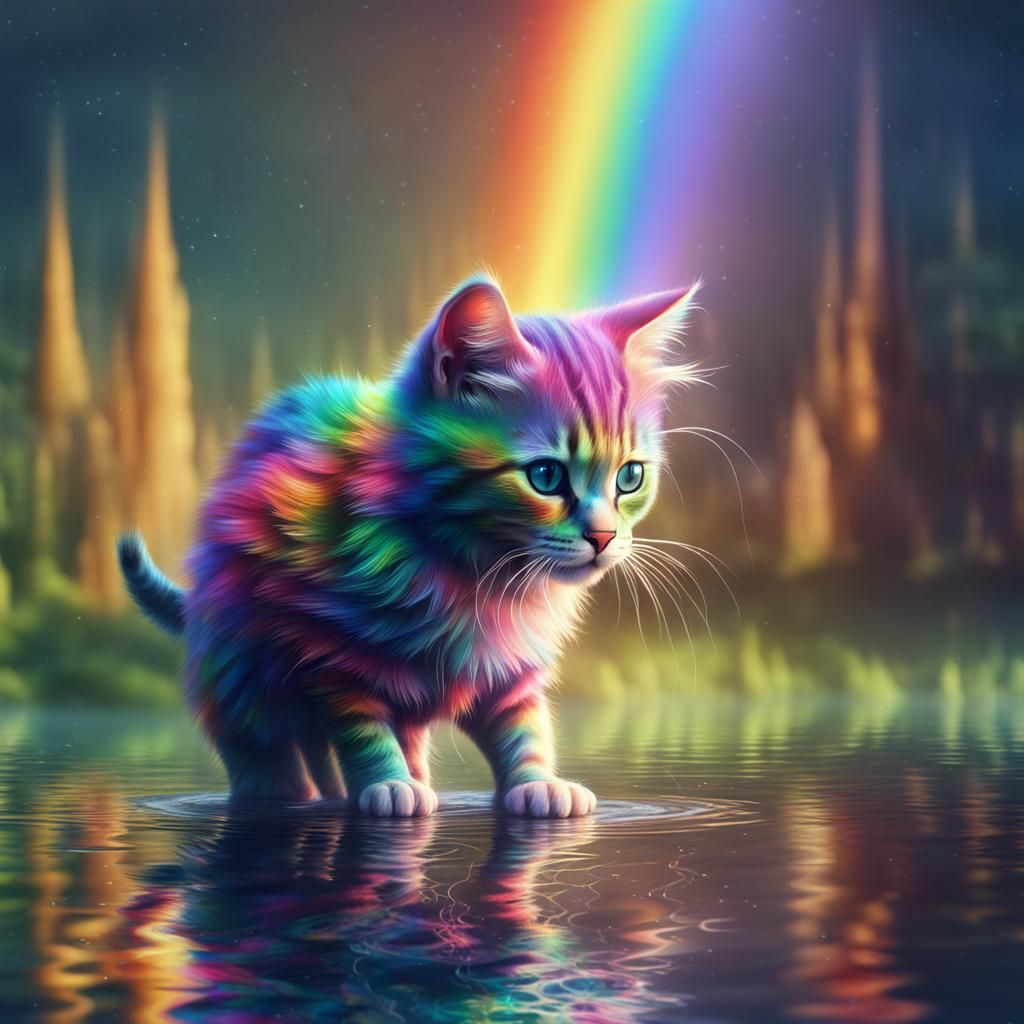 Rainbow Cat Contemplates Reflection: Digital Matte Painting