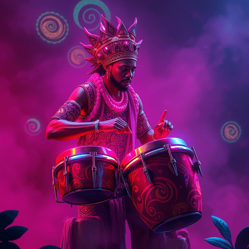 African Musician Conjures Neon-Lit Conga Drums in Dreamlike....