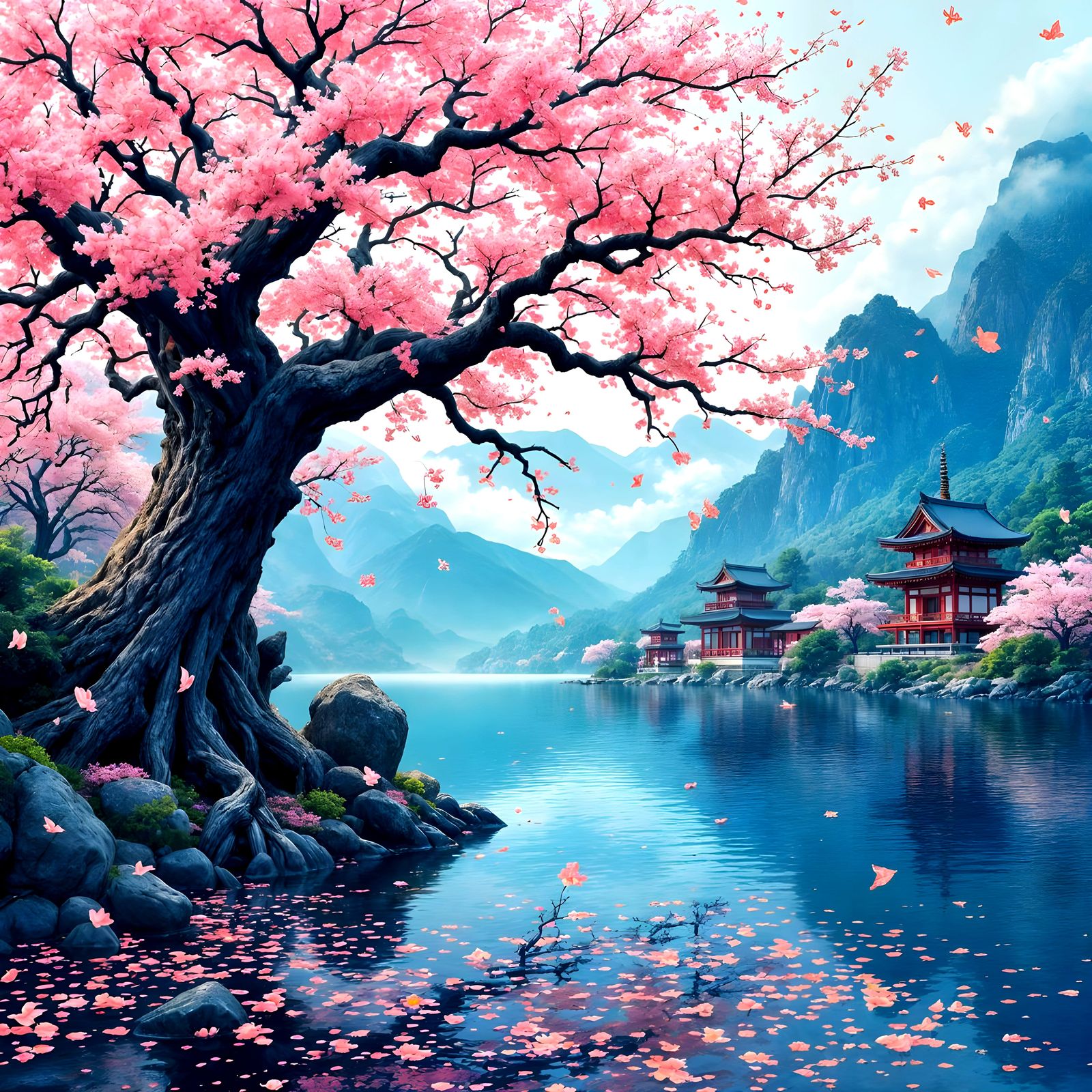 Ancient Sakura Tree Amidst Serene Japanese Landscape