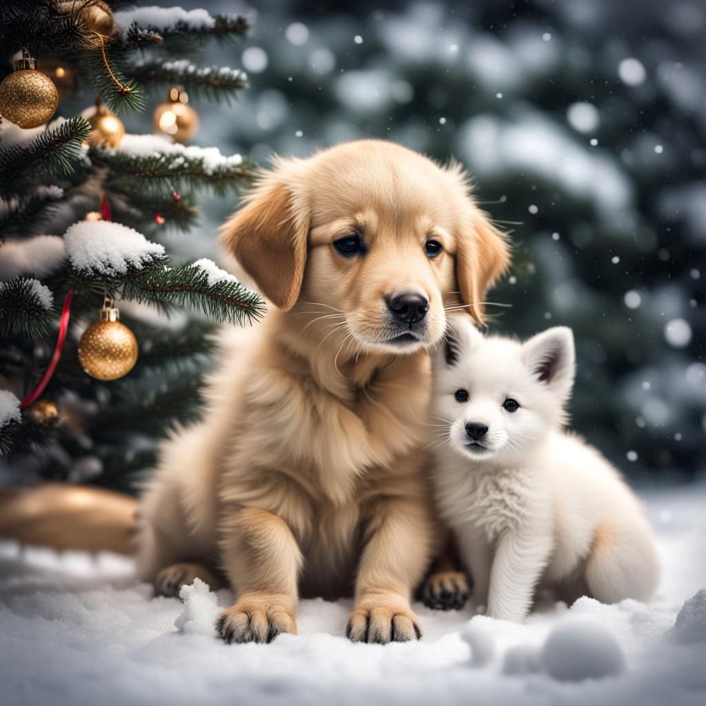 Golden Retriever Puppy and Fox Cub Christmas Scene